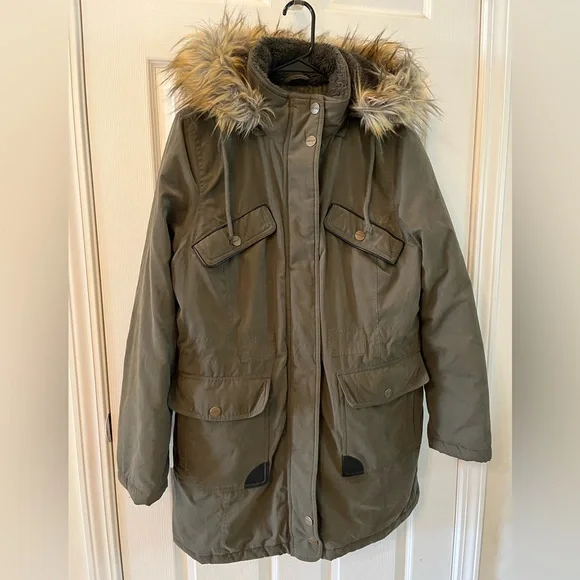DKNY Women’s Large Hunter Green Faux Fur Lined Hood Button/Zip Coat - Picture 1 of 16